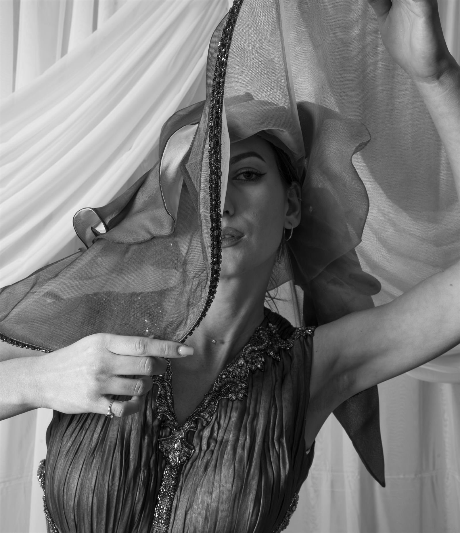 Veiled portrait in black and white
